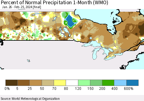 Canada Percent of Normal Precipitation 1-Month (WMO) Thematic Map For 1/26/2024 - 2/25/2024
