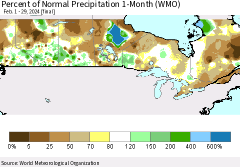 Canada Percent of Normal Precipitation 1-Month (WMO) Thematic Map For 2/1/2024 - 2/29/2024