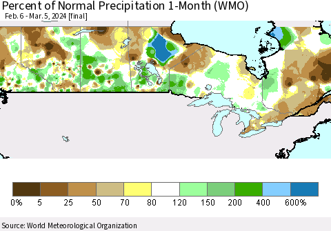 Canada Percent of Normal Precipitation 1-Month (WMO) Thematic Map For 2/6/2024 - 3/5/2024