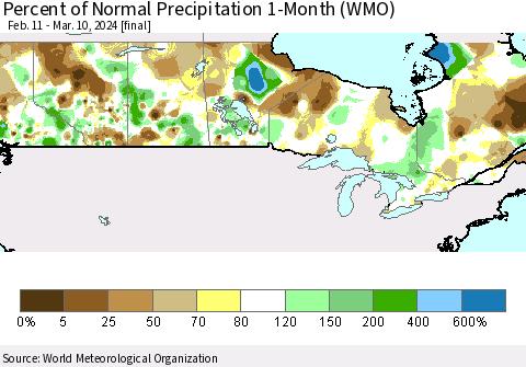 Canada Percent of Normal Precipitation 1-Month (WMO) Thematic Map For 2/11/2024 - 3/10/2024