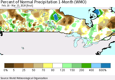 Canada Percent of Normal Precipitation 1-Month (WMO) Thematic Map For 2/16/2024 - 3/15/2024