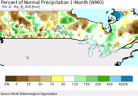 Canada Percent of Normal Precipitation 1-Month (WMO) Thematic Map For 2/21/2024 - 3/20/2024