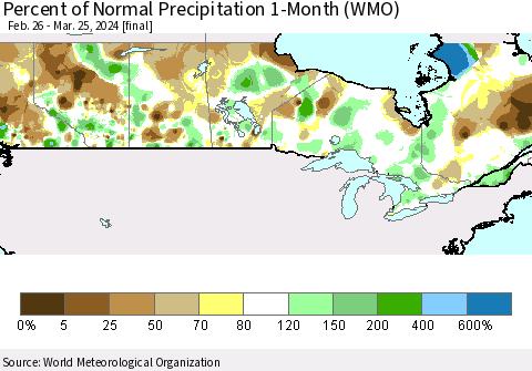 Canada Percent of Normal Precipitation 1-Month (WMO) Thematic Map For 2/26/2024 - 3/25/2024