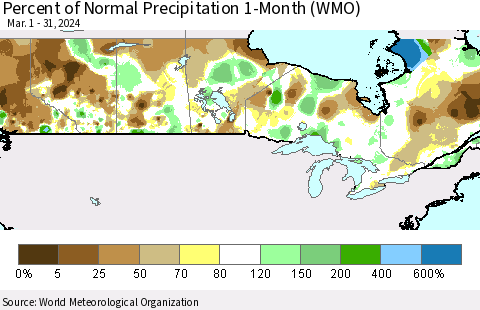 Canada Percent of Normal Precipitation 1-Month (WMO) Thematic Map For 3/1/2024 - 3/31/2024