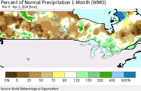 Canada Percent of Normal Precipitation 1-Month (WMO) Thematic Map For 3/6/2024 - 4/5/2024
