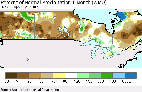 Canada Percent of Normal Precipitation 1-Month (WMO) Thematic Map For 3/11/2024 - 4/10/2024