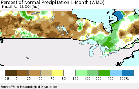 Canada Percent of Normal Precipitation 1-Month (WMO) Thematic Map For 3/16/2024 - 4/15/2024