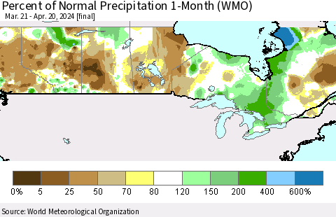 Canada Percent of Normal Precipitation 1-Month (WMO) Thematic Map For 3/21/2024 - 4/20/2024
