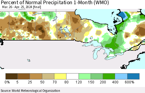 Canada Percent of Normal Precipitation 1-Month (WMO) Thematic Map For 3/26/2024 - 4/25/2024