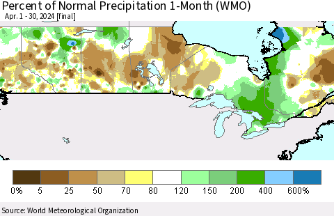 Canada Percent of Normal Precipitation 1-Month (WMO) Thematic Map For 4/1/2024 - 4/30/2024