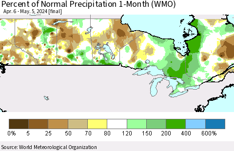 Canada Percent of Normal Precipitation 1-Month (WMO) Thematic Map For 4/6/2024 - 5/5/2024