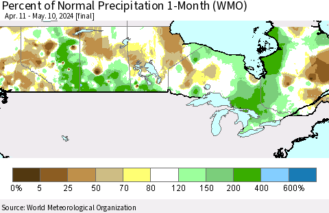 Canada Percent of Normal Precipitation 1-Month (WMO) Thematic Map For 4/11/2024 - 5/10/2024