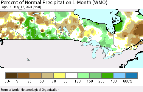 Canada Percent of Normal Precipitation 1-Month (WMO) Thematic Map For 4/16/2024 - 5/15/2024