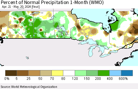 Canada Percent of Normal Precipitation 1-Month (WMO) Thematic Map For 4/21/2024 - 5/20/2024