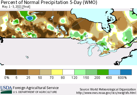 Canada Percent of Normal Precipitation 5-Day (WMO) Thematic Map For 5/1/2021 - 5/5/2021