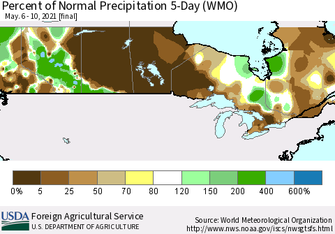 Canada Percent of Normal Precipitation 5-Day (WMO) Thematic Map For 5/6/2021 - 5/10/2021