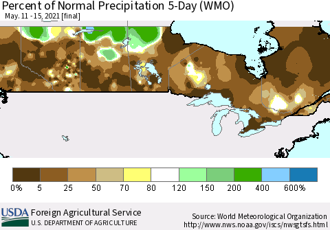 Canada Percent of Normal Precipitation 5-Day (WMO) Thematic Map For 5/11/2021 - 5/15/2021