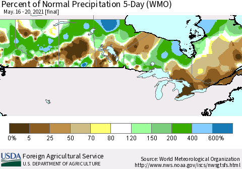 Canada Percent of Normal Precipitation 5-Day (WMO) Thematic Map For 5/16/2021 - 5/20/2021
