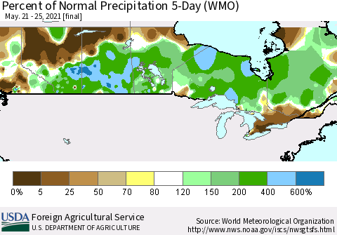 Canada Percent of Normal Precipitation 5-Day (WMO) Thematic Map For 5/21/2021 - 5/25/2021