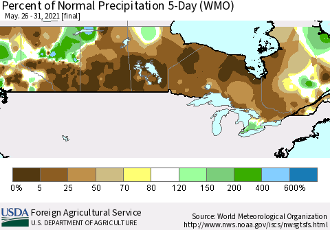 Canada Percent of Normal Precipitation 5-Day (WMO) Thematic Map For 5/26/2021 - 5/31/2021
