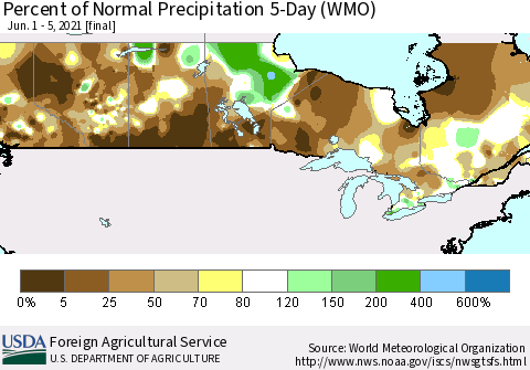 Canada Percent of Normal Precipitation 5-Day (WMO) Thematic Map For 6/1/2021 - 6/5/2021