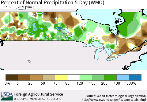Canada Percent of Normal Precipitation 5-Day (WMO) Thematic Map For 6/6/2021 - 6/10/2021