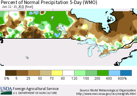 Canada Percent of Normal Precipitation 5-Day (WMO) Thematic Map For 6/11/2021 - 6/15/2021