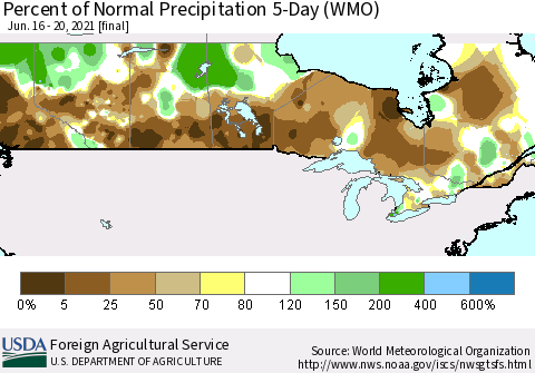 Canada Percent of Normal Precipitation 5-Day (WMO) Thematic Map For 6/16/2021 - 6/20/2021