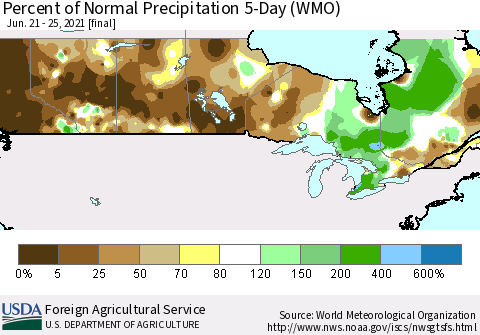 Canada Percent of Normal Precipitation 5-Day (WMO) Thematic Map For 6/21/2021 - 6/25/2021