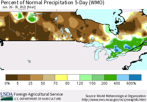 Canada Percent of Normal Precipitation 5-Day (WMO) Thematic Map For 6/26/2021 - 6/30/2021