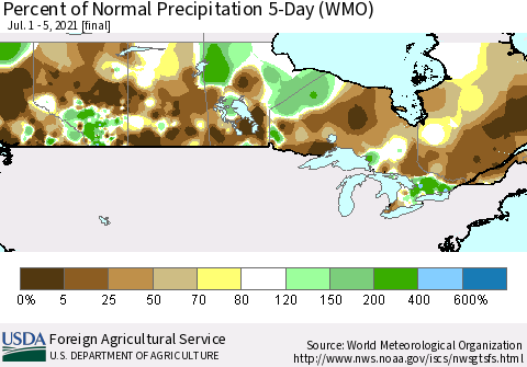 Canada Percent of Normal Precipitation 5-Day (WMO) Thematic Map For 7/1/2021 - 7/5/2021