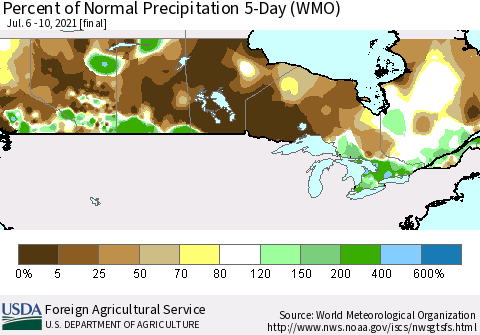 Canada Percent of Normal Precipitation 5-Day (WMO) Thematic Map For 7/6/2021 - 7/10/2021