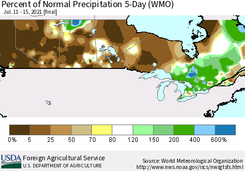Canada Percent of Normal Precipitation 5-Day (WMO) Thematic Map For 7/11/2021 - 7/15/2021