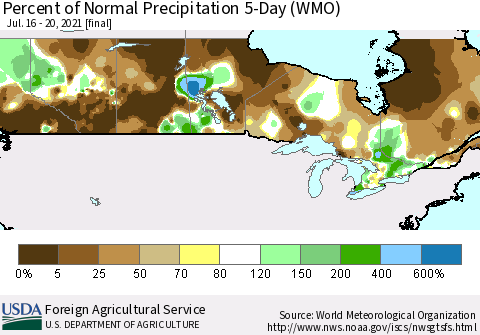 Canada Percent of Normal Precipitation 5-Day (WMO) Thematic Map For 7/16/2021 - 7/20/2021