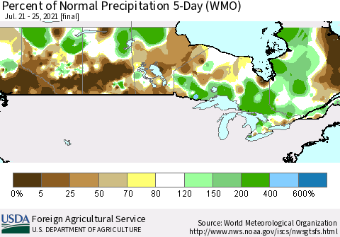Canada Percent of Normal Precipitation 5-Day (WMO) Thematic Map For 7/21/2021 - 7/25/2021