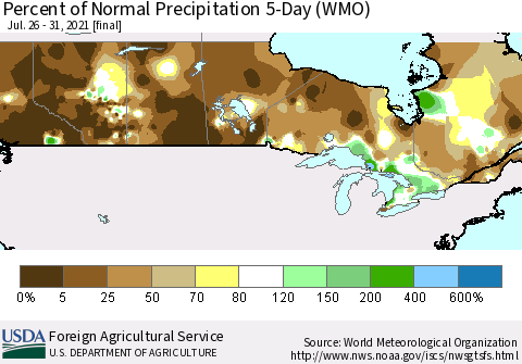 Canada Percent of Normal Precipitation 5-Day (WMO) Thematic Map For 7/26/2021 - 7/31/2021