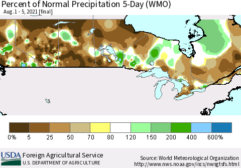 Canada Percent of Normal Precipitation 5-Day (WMO) Thematic Map For 8/1/2021 - 8/5/2021