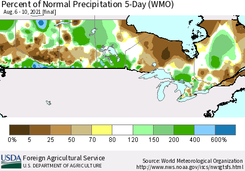 Canada Percent of Normal Precipitation 5-Day (WMO) Thematic Map For 8/6/2021 - 8/10/2021