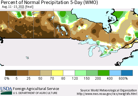 Canada Percent of Normal Precipitation 5-Day (WMO) Thematic Map For 8/11/2021 - 8/15/2021