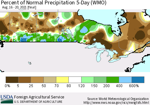 Canada Percent of Normal Precipitation 5-Day (WMO) Thematic Map For 8/16/2021 - 8/20/2021
