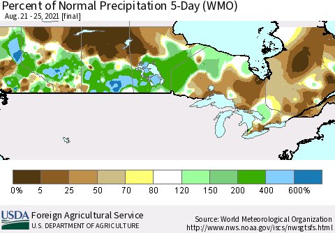 Canada Percent of Normal Precipitation 5-Day (WMO) Thematic Map For 8/21/2021 - 8/25/2021
