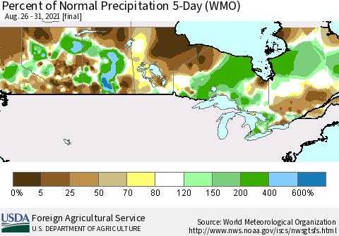 Canada Percent of Normal Precipitation 5-Day (WMO) Thematic Map For 8/26/2021 - 8/31/2021