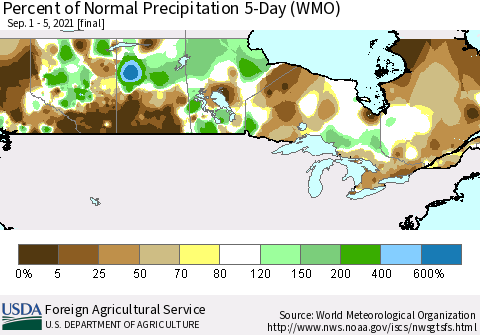 Canada Percent of Normal Precipitation 5-Day (WMO) Thematic Map For 9/1/2021 - 9/5/2021
