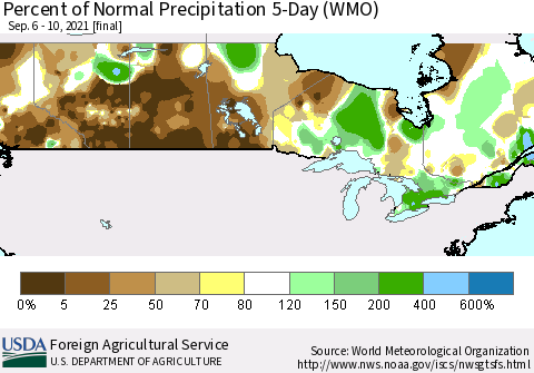 Canada Percent of Normal Precipitation 5-Day (WMO) Thematic Map For 9/6/2021 - 9/10/2021