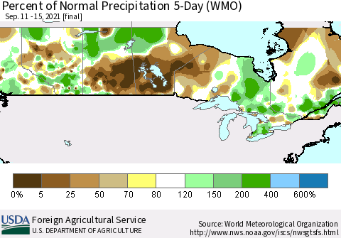 Canada Percent of Normal Precipitation 5-Day (WMO) Thematic Map For 9/11/2021 - 9/15/2021