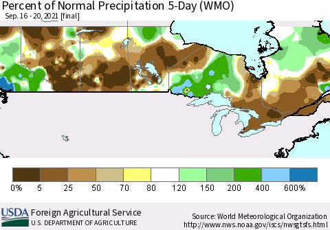Canada Percent of Normal Precipitation 5-Day (WMO) Thematic Map For 9/16/2021 - 9/20/2021