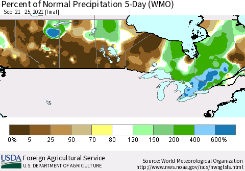 Canada Percent of Normal Precipitation 5-Day (WMO) Thematic Map For 9/21/2021 - 9/25/2021