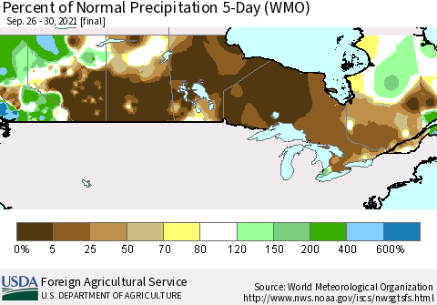 Canada Percent of Normal Precipitation 5-Day (WMO) Thematic Map For 9/26/2021 - 9/30/2021