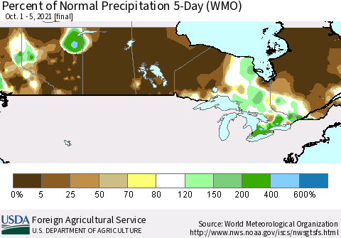 Canada Percent of Normal Precipitation 5-Day (WMO) Thematic Map For 10/1/2021 - 10/5/2021