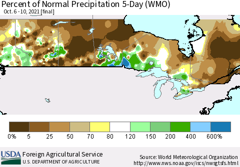 Canada Percent of Normal Precipitation 5-Day (WMO) Thematic Map For 10/6/2021 - 10/10/2021